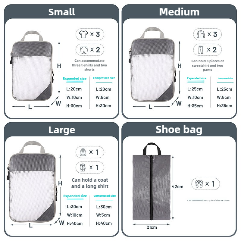 4-piece Set Grey Compression Travel Storage Bags Set, Mesh Travel Organizers for Luggage, Foldable and Space-Saving Packing Cubes