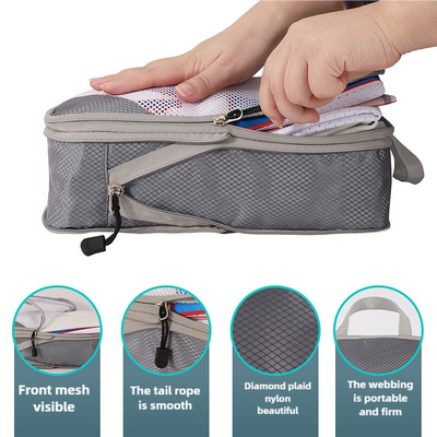 4-piece Set Grey Compression Travel Storage Bags Set, Mesh Travel Organizers for Luggage, Foldable and Space-Saving Packing Cubes