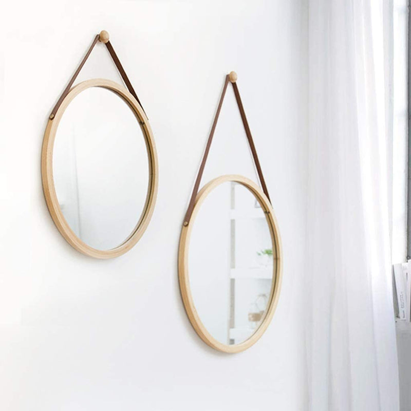 CARLA HOME Hanging Round Wall Mirror 45 cm - Solid Bamboo Frame and Adjustable Leather Strap for Bathroom and Bedroom