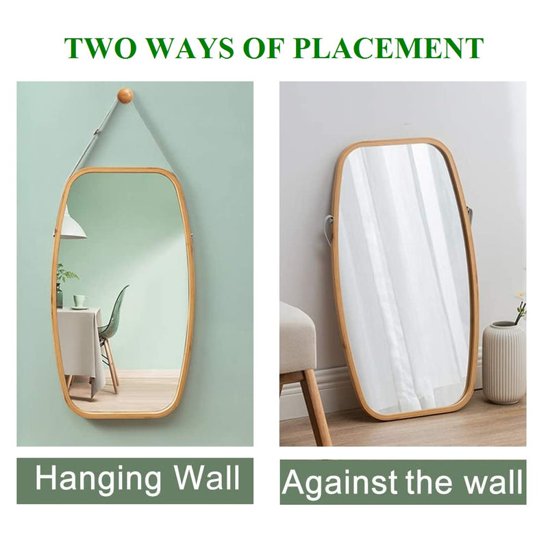 CARLA HOME Hanging Full Length Wall Mirror - Solid Bamboo Frame and Adjustable Leather Strap for Bathroom and Bedroom