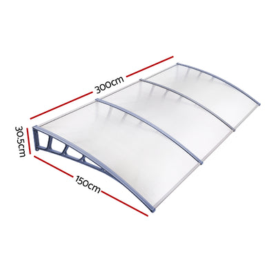 Instahut Window Door Awning Canopy 1.5mx3m Transparent Sheet Grey Plastic Frame