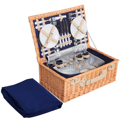 4 person picnic basket set wicker with blanket navy