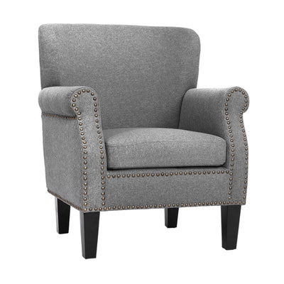 accent armchair grey linen fabric with studs 