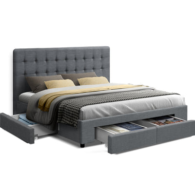 fabric bed frame grey queen with drawers 