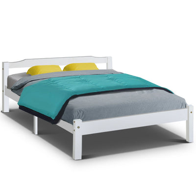 white bed frame double wooden 