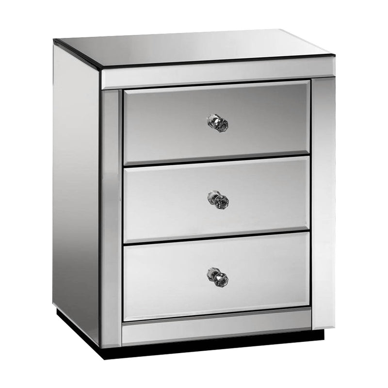 bedside table mirrored with drawers glass