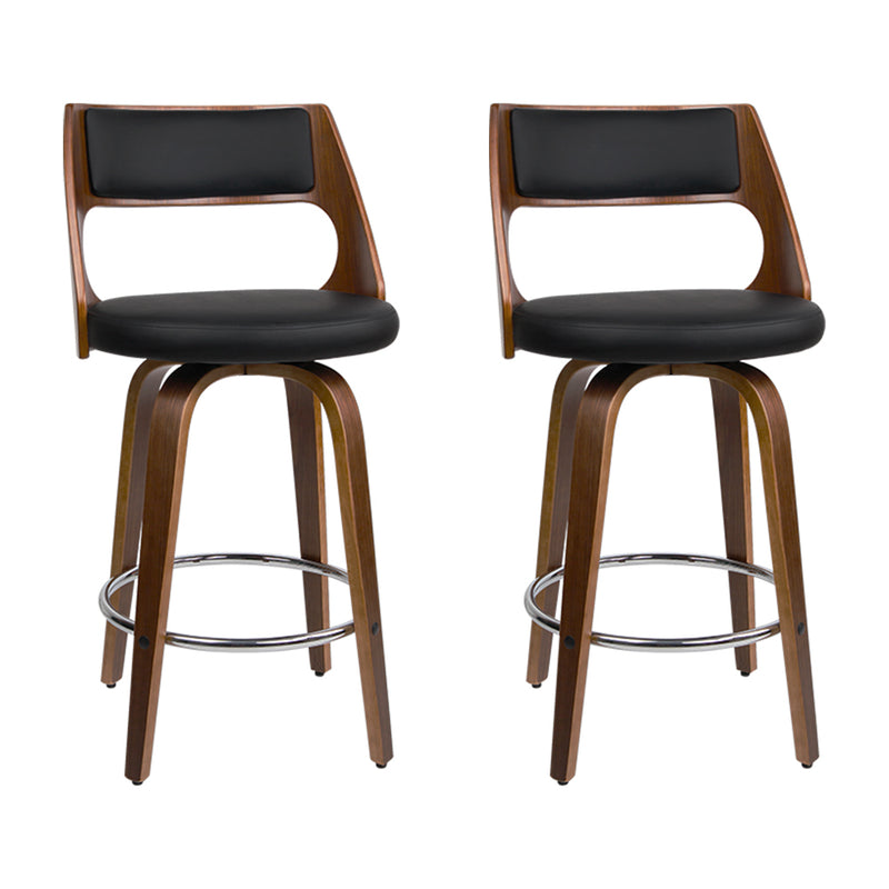 Set of 2 Wooden Bar Stools PU Leather lack and Wood