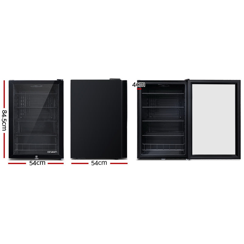 Devanti 115L Bar Fridge Glass Door w/Light Black