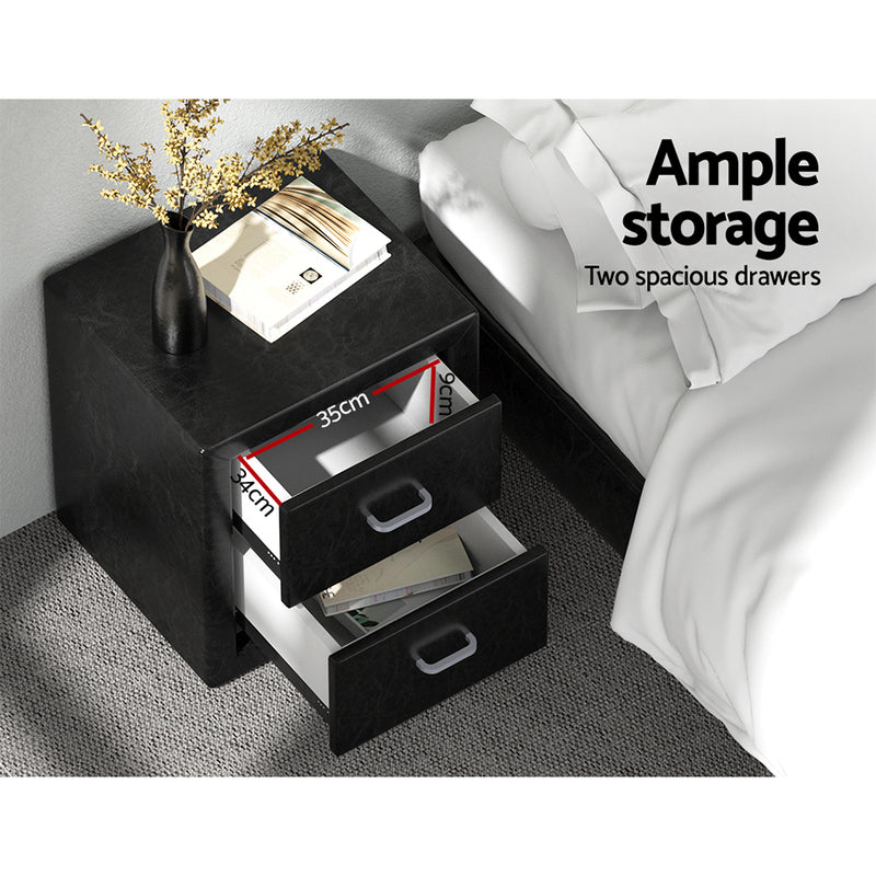 Artiss Bedside Table 2 Drawers Leather - CADEN Black