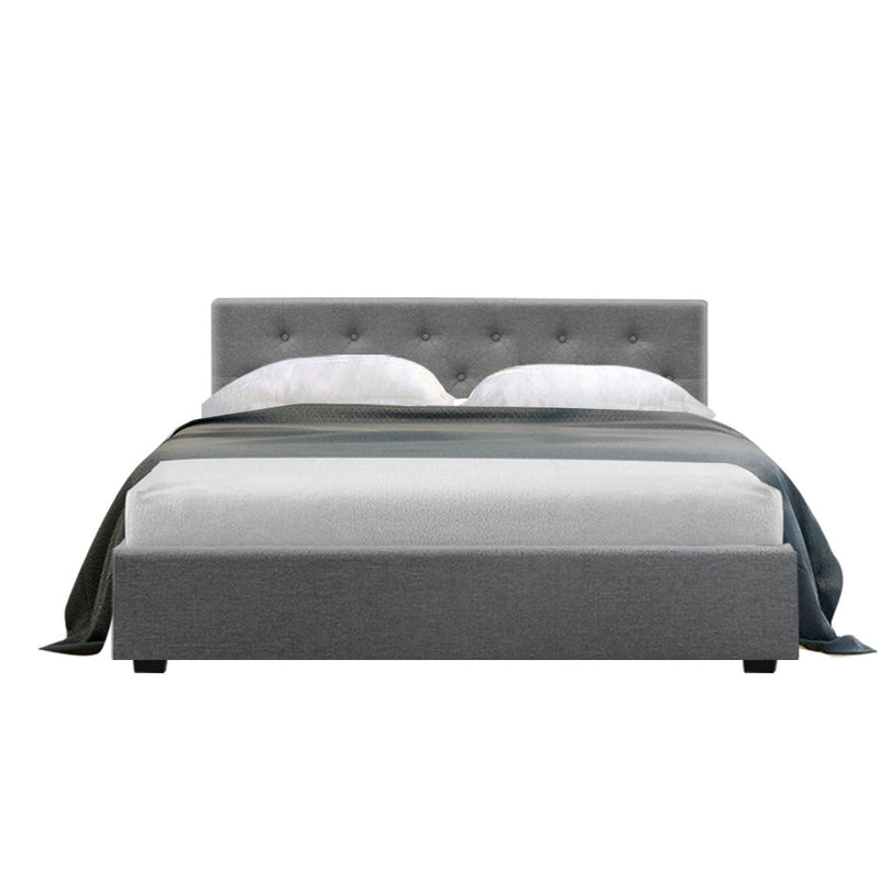 Artiss Vila Bed Frame Fabric Gas Lift Storage - Grey Double