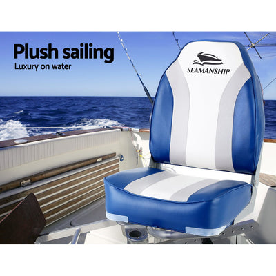 Seamanship 2X Folding Boat Seats Marine Seat Swivel High Back 12cm Padding Blue