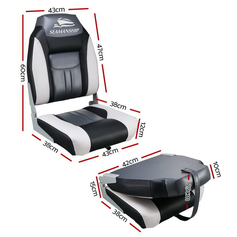 Seamanship 2X Folding Boat Seats Marine Seat Swivel High Back 12cm Padding Black