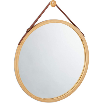 hanging round wall mirror 38cm solid bamboo