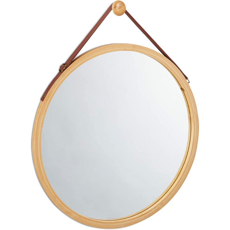 CARLA HOME Hanging Round Wall Mirror 45 cm - Solid Bamboo Frame and Adjustable Leather Strap for Bathroom and Bedroom