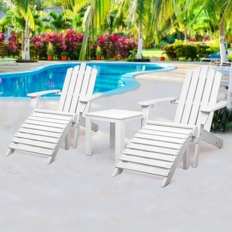 Gardeon 5PC Adirondack Outdoor Table and Chairs Wooden Sun Lounge Patio Furniture White