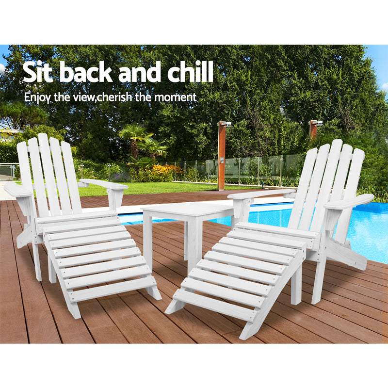 Gardeon 5PC Adirondack Outdoor Table and Chairs Wooden Sun Lounge Patio Furniture White