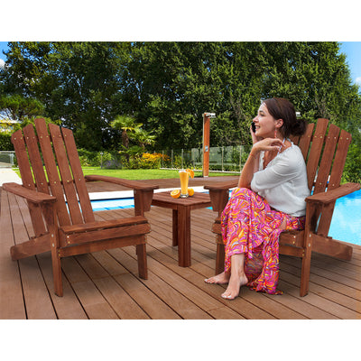 Gardeon 3PC Adirondack Outdoor Table and Chairs Wooden Beach Chair Brown