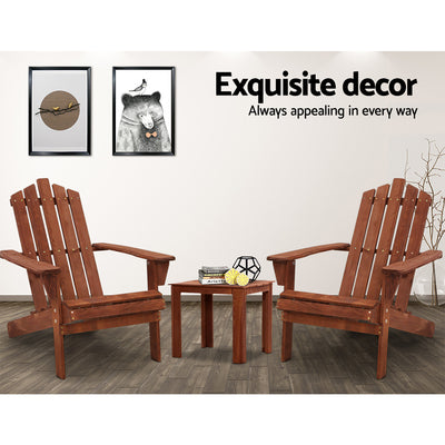 Gardeon 3PC Adirondack Outdoor Table and Chairs Wooden Beach Chair Brown