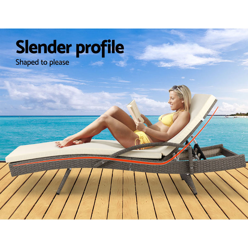 Gardeon 2PC Sun Lounge Wicker Lounger Outdoor Furniture Beach Chair Adjustable Cushion Grey&Beige