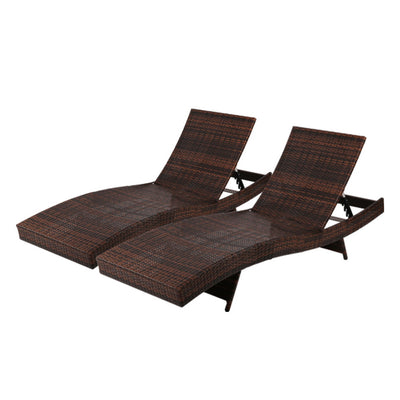 Gardeon 2PC Sun Lounge Wicker Lounger Outdoor Furniture Beach Chair Garden Adjustable Brown