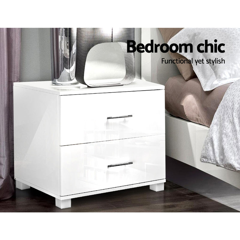 Artiss Bedside Table 2 Drawers High Gloss - ZARA White