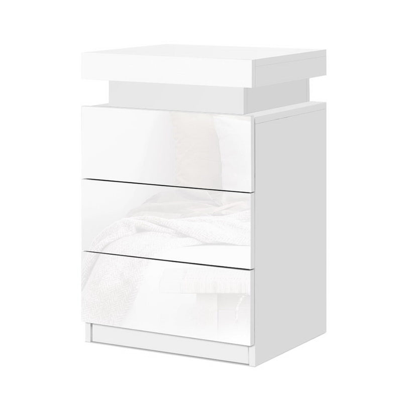 Artiss Bedside Table LED 3 Drawers - COLEY White