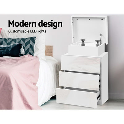 Artiss Bedside Table LED 3 Drawers - COLEY White