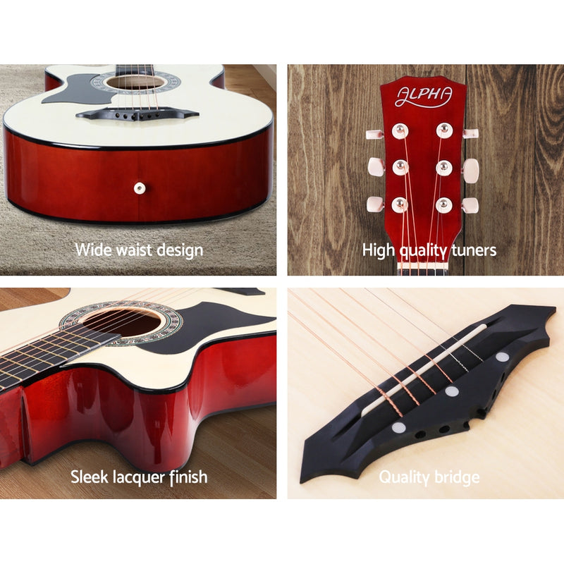 Alpha 38 Inch Acoustic Guitar Wooden Body Steel String Full Size Left Handed