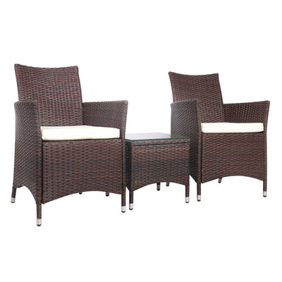rattan 3 piece outdoor chairs and table set brown