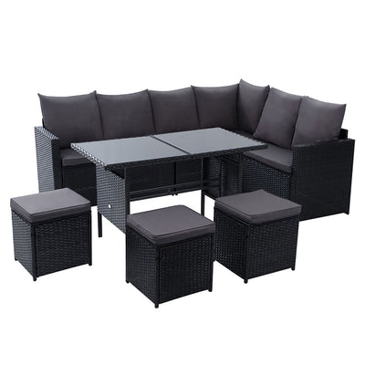 9 seater wicker black outdoor lounge and dining set 