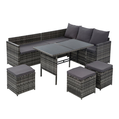 9 seater outdoor dining and sofa setting grey wicker 