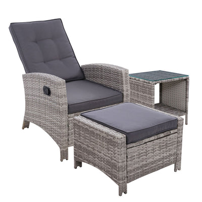 outdoor recliner chair with footrest and table grey wicker