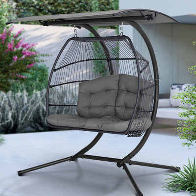 Gardeon Outdoor Egg Swing Chair Wicker Furniture Pod Stand Canopy 2 Seater Grey