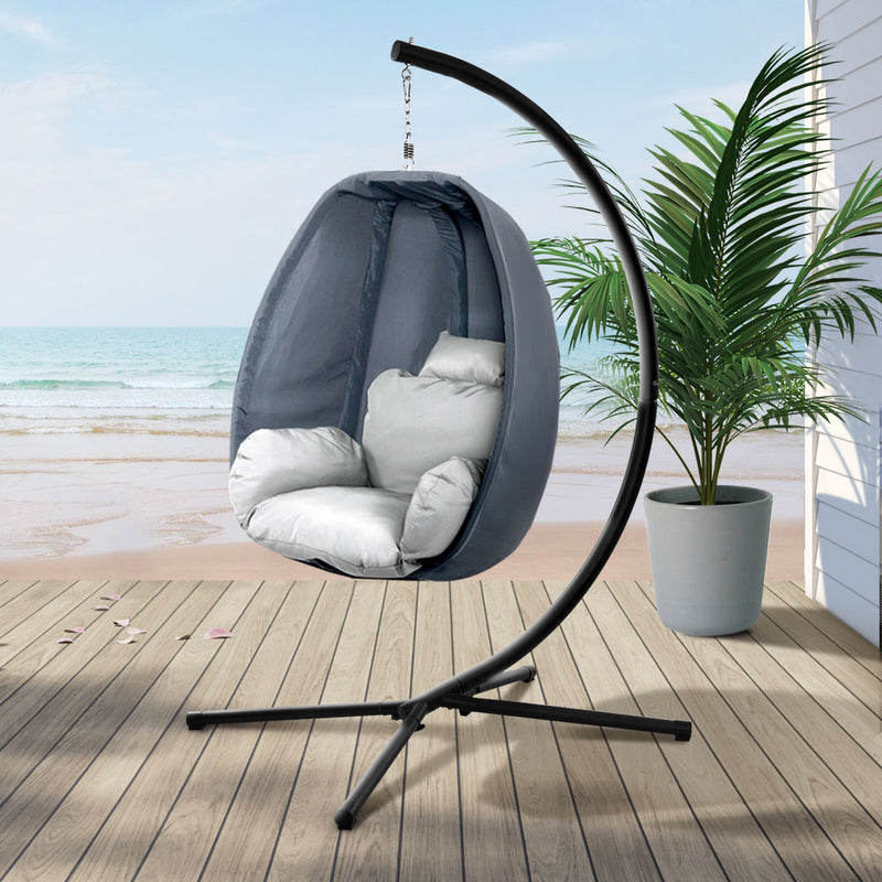 Gardeon Outdoor Egg Swing Chair Patio Furniture Pod Stand Canopy Foldable Grey