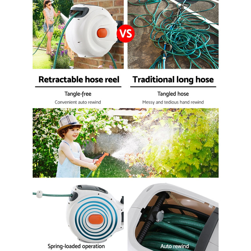 Greenfingers Retractable Hose Reel 30M Garden Water Brass Spray Gun Auto Rewind