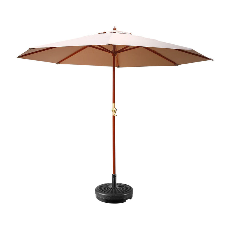 outdoor beige umbrella with base