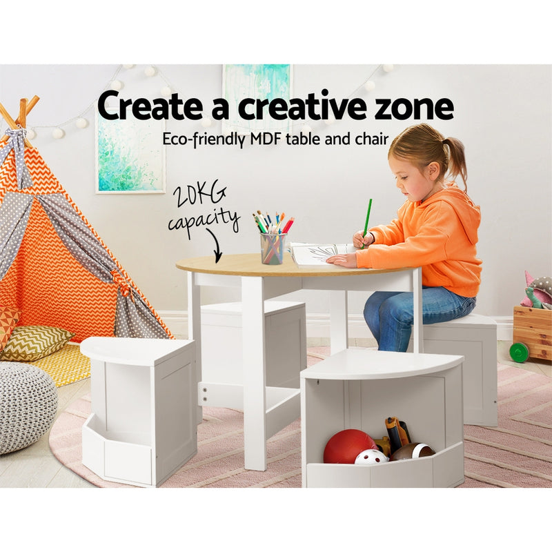Keezi 5PCS Kids Table and Chairs Set Storage Chair Wooden Play Study Desk