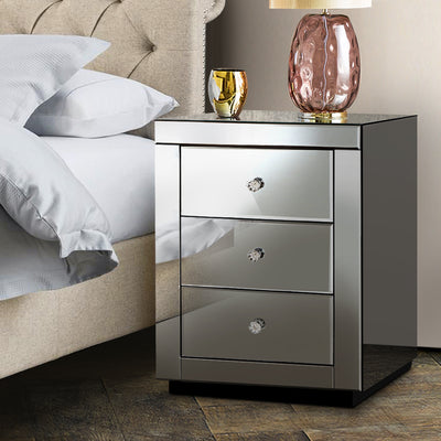 Artiss Bedside Table 3 Drawers Mirrored - PRESIA Grey