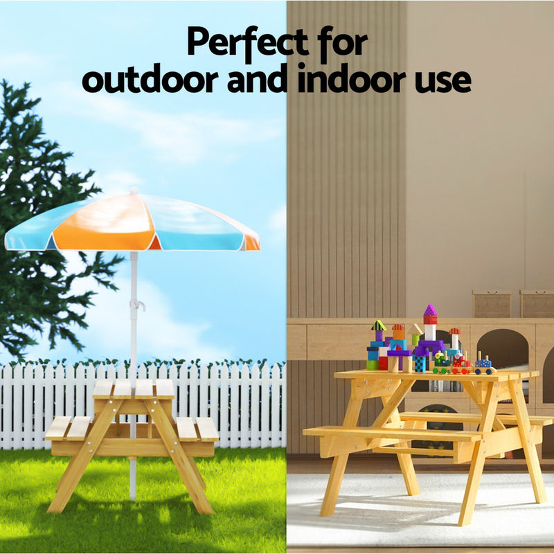 Keezi Kids Outdoor Table and Chairs Picnic Bench Seat Umbrella Children Wooden