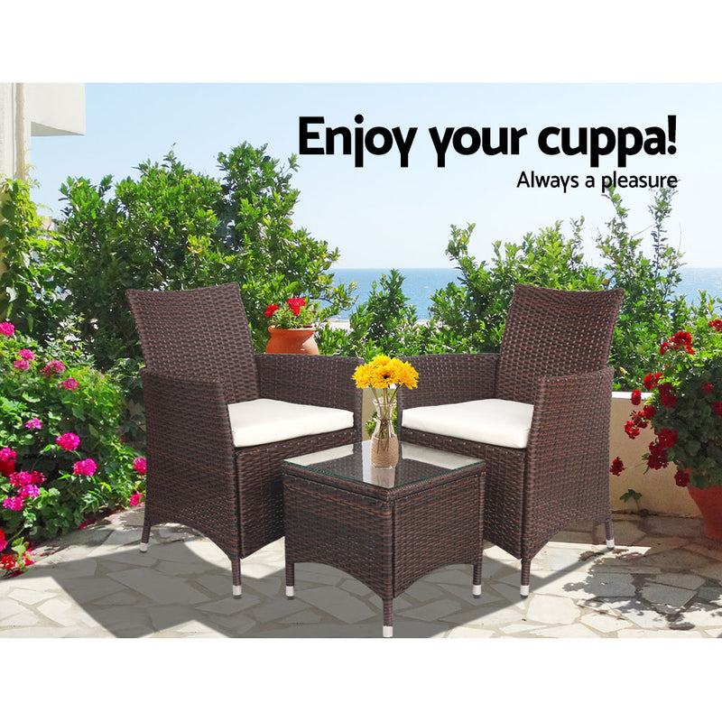 Gardeon 3PC Outdoor Bistro Set Patio Furniture Wicker Setting Chairs Table Cushion Brown