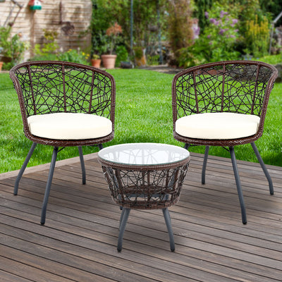 Gardeon 3PC Bistro Set Outdoor Furniture Rattan Table Chairs Patio Garden Cushion Brown