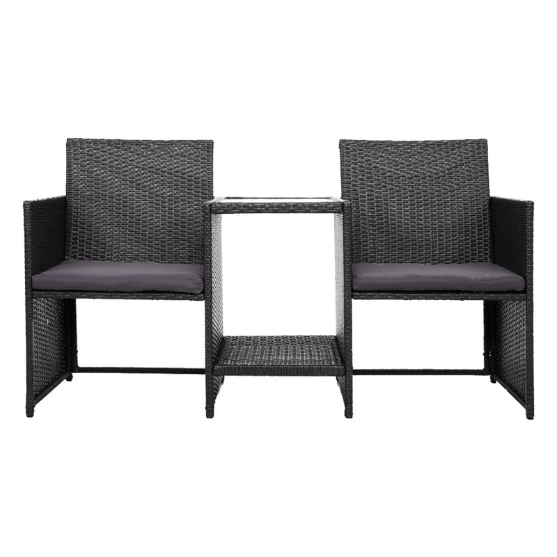 Gardeon Outdoor Setting Wicker Loveseat Bistro Set Patio Garden Furniture Black