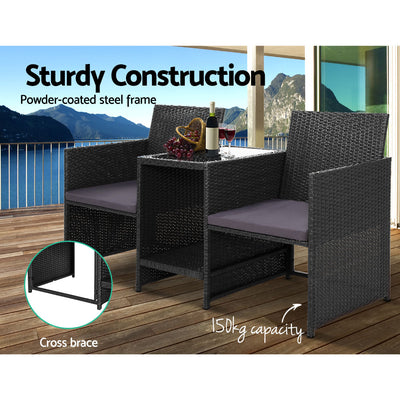 Gardeon Outdoor Setting Wicker Loveseat Bistro Set Patio Garden Furniture Black