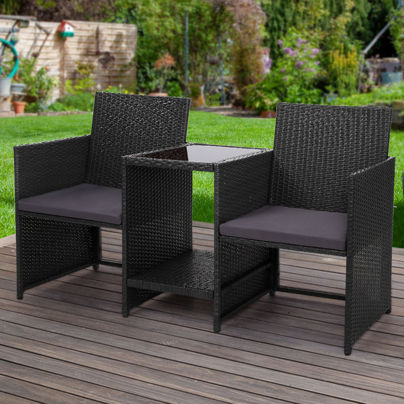 Gardeon Outdoor Setting Wicker Loveseat Bistro Set Patio Garden Furniture Black