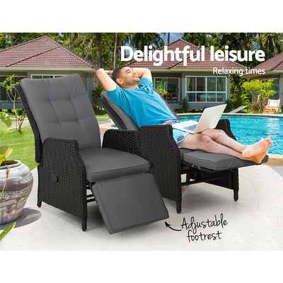 Gardeon 2PC Recliner Chairs Sun lounge Wicker Lounger Outdoor Furniture Adjustable Black