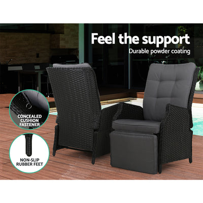 Gardeon 2PC Recliner Chairs Sun lounge Wicker Lounger Outdoor Furniture Adjustable Black