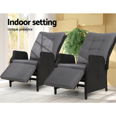 Gardeon 2PC Recliner Chairs Sun lounge Wicker Lounger Outdoor Furniture Adjustable Black