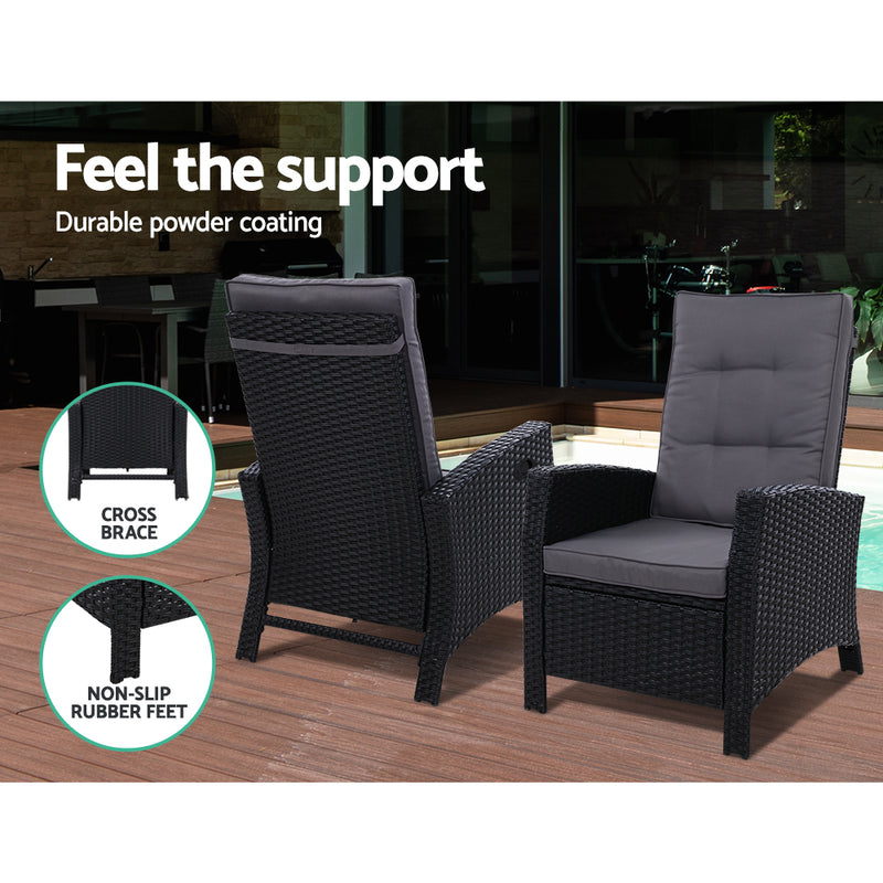 Gardeon Recliner Chair Sun lounge Wicker Lounger Outdoor Patio Furniture Adjustable Black