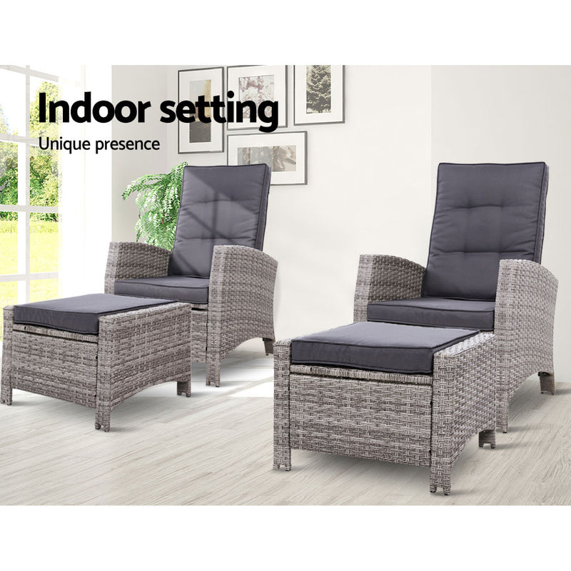 Gardeon 2PC Recliner Chairs Sun lounge Wicker Lounger Outdoor Furniture Adjustable Grey