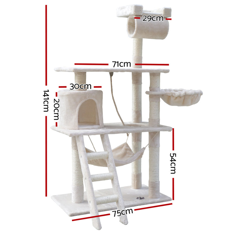 i.Pet Cat Tree 141cm Tower Scratching Post Scratcher Condo Wood House Bed Beige